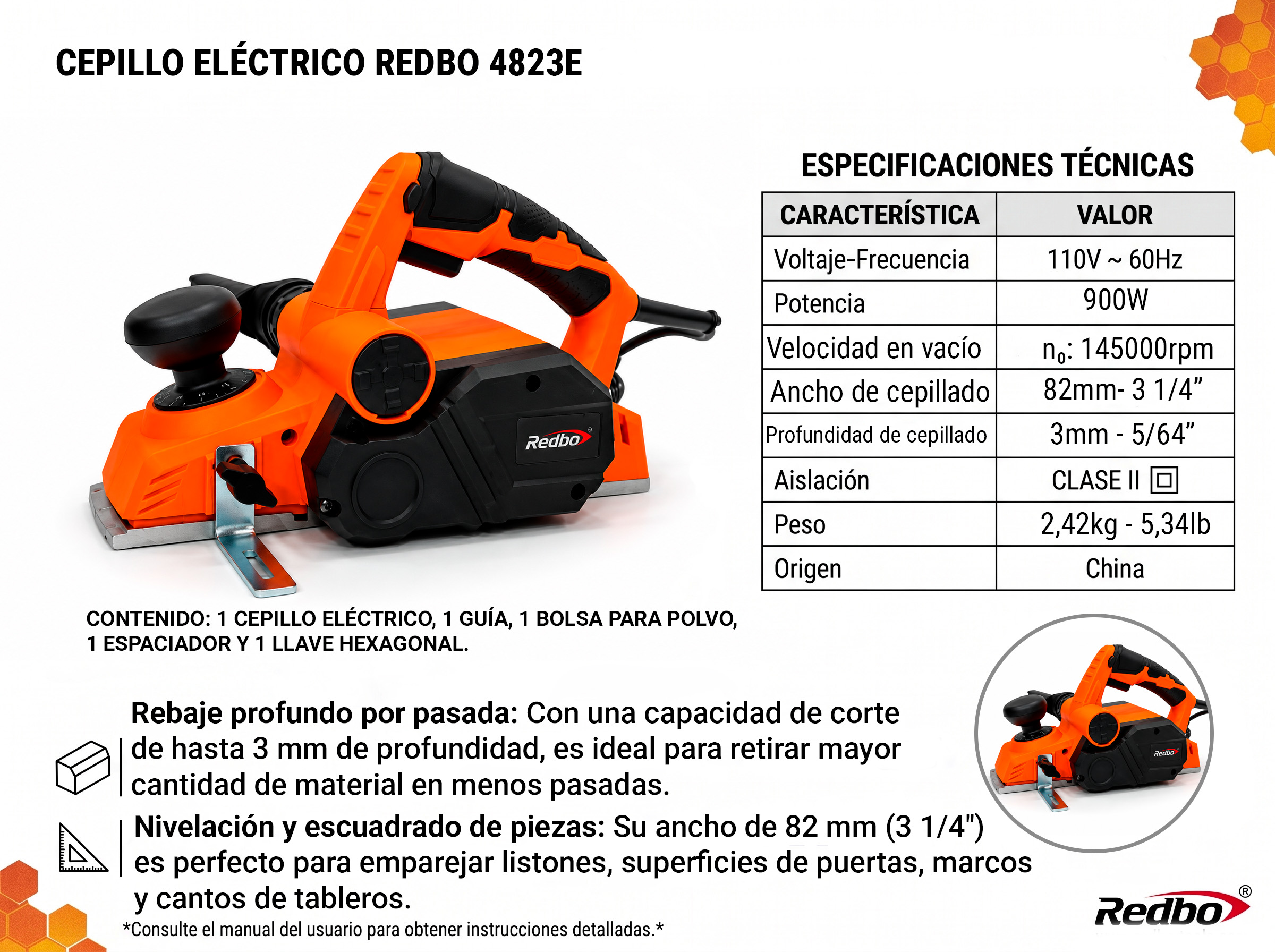 Cepillo Eléctrico Redbo 4823E - 900W, Ancho 82mm (3 1/4") | Acabados Profesionales en Madera - Imagen 2