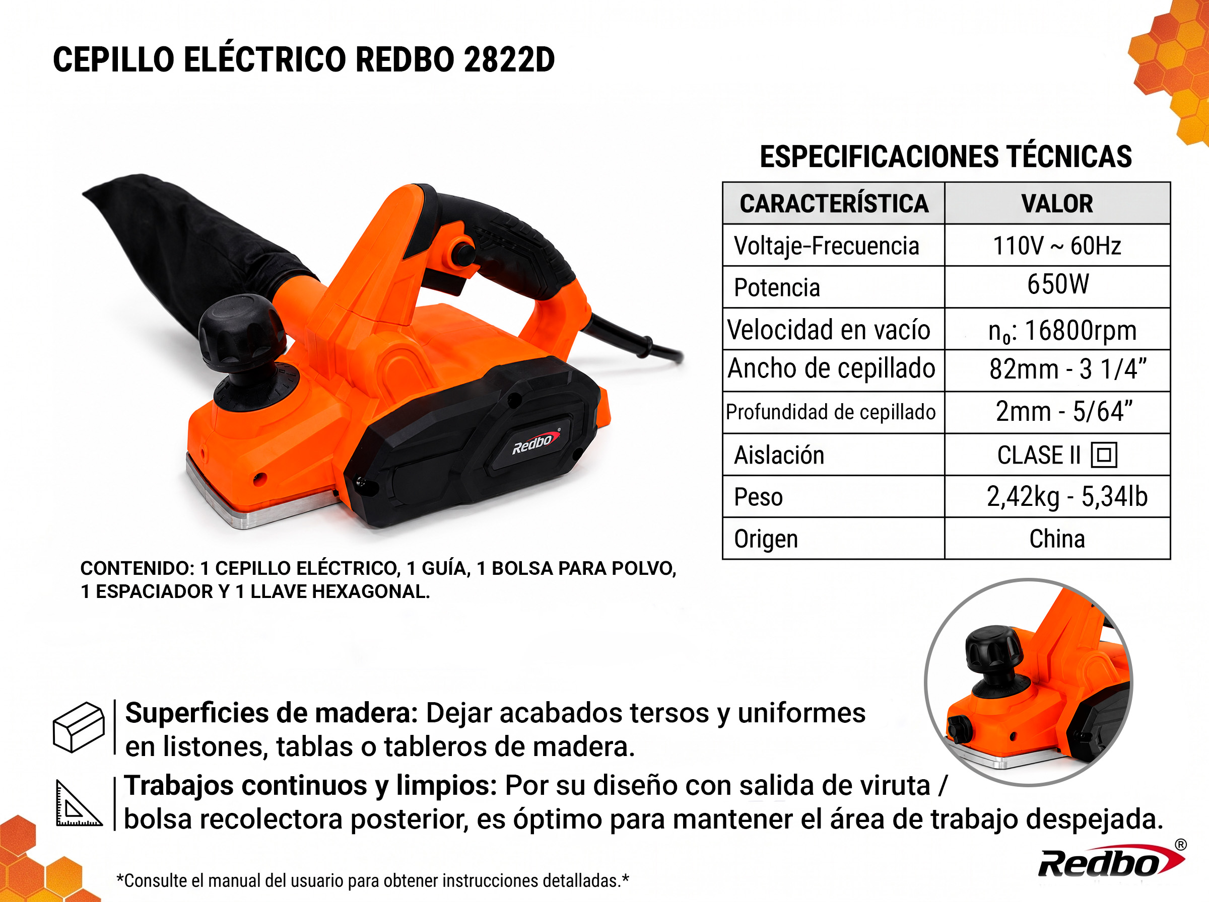 Cepillo Eléctrico Redbo 2822D - 650W, Ancho 82mm (3 1/4") | Acabados Tersos en Madera - Imagen 3