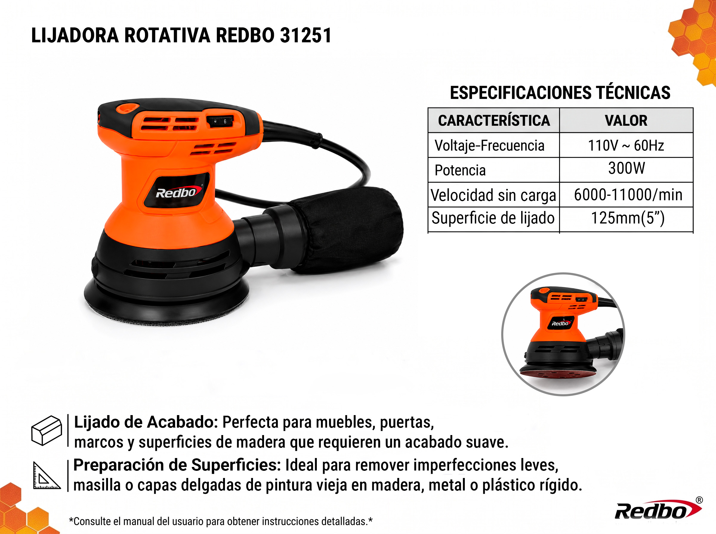 Lijadora Rotativa Redbo 31251 - 300W, 5" (125mm) | Acabados Suaves y Precisos - Imagen 3
