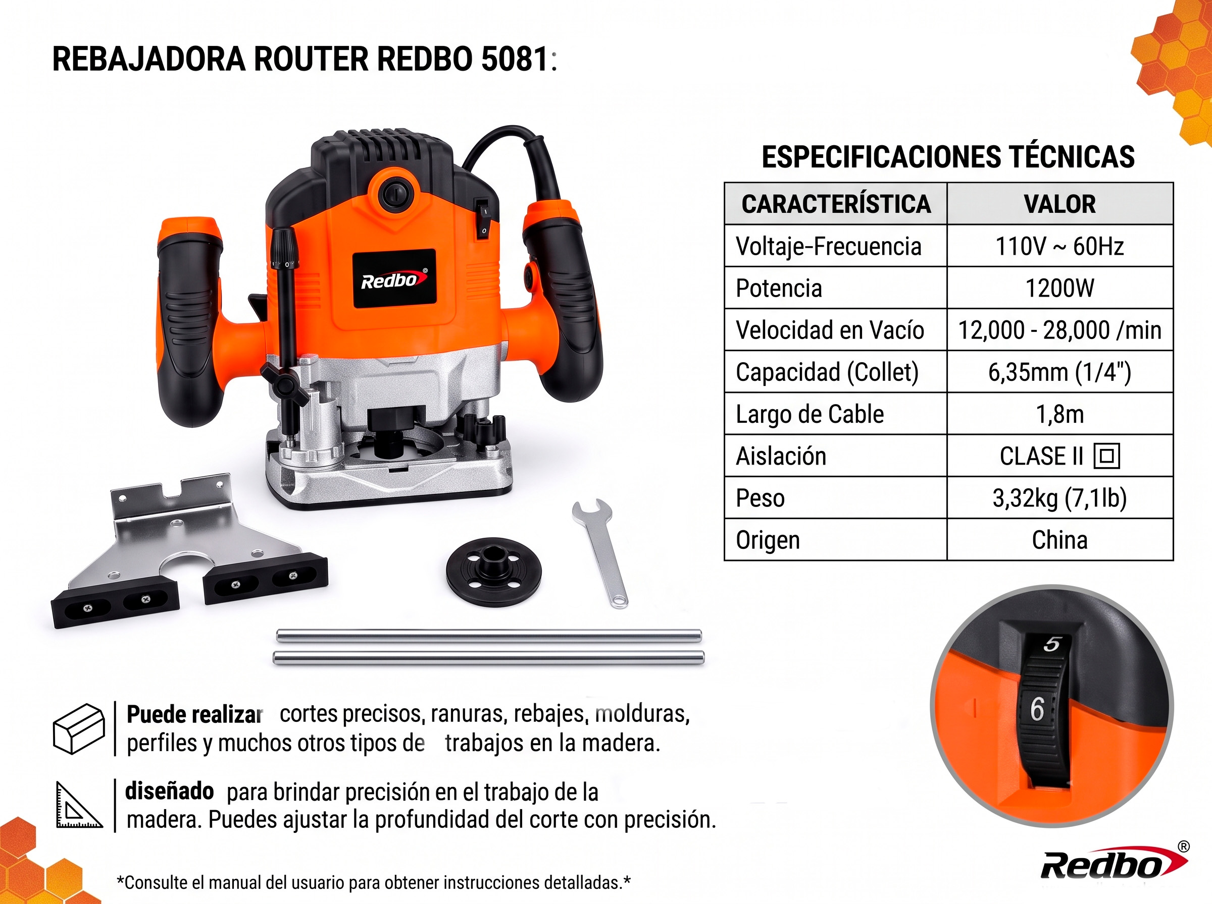 Rebajadora Router Redbo 5081 - 1200W, Velocidad Variable, Collet 1/4" | Precisión en Madera - Imagen 2